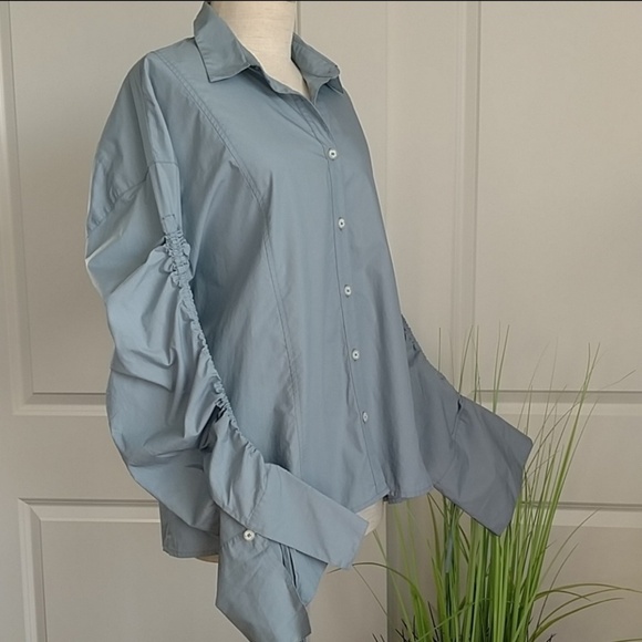 Free People Button Front Long Sleeves Drawstring Cotton Oversized Blue S NWT - Picture 3 of 8